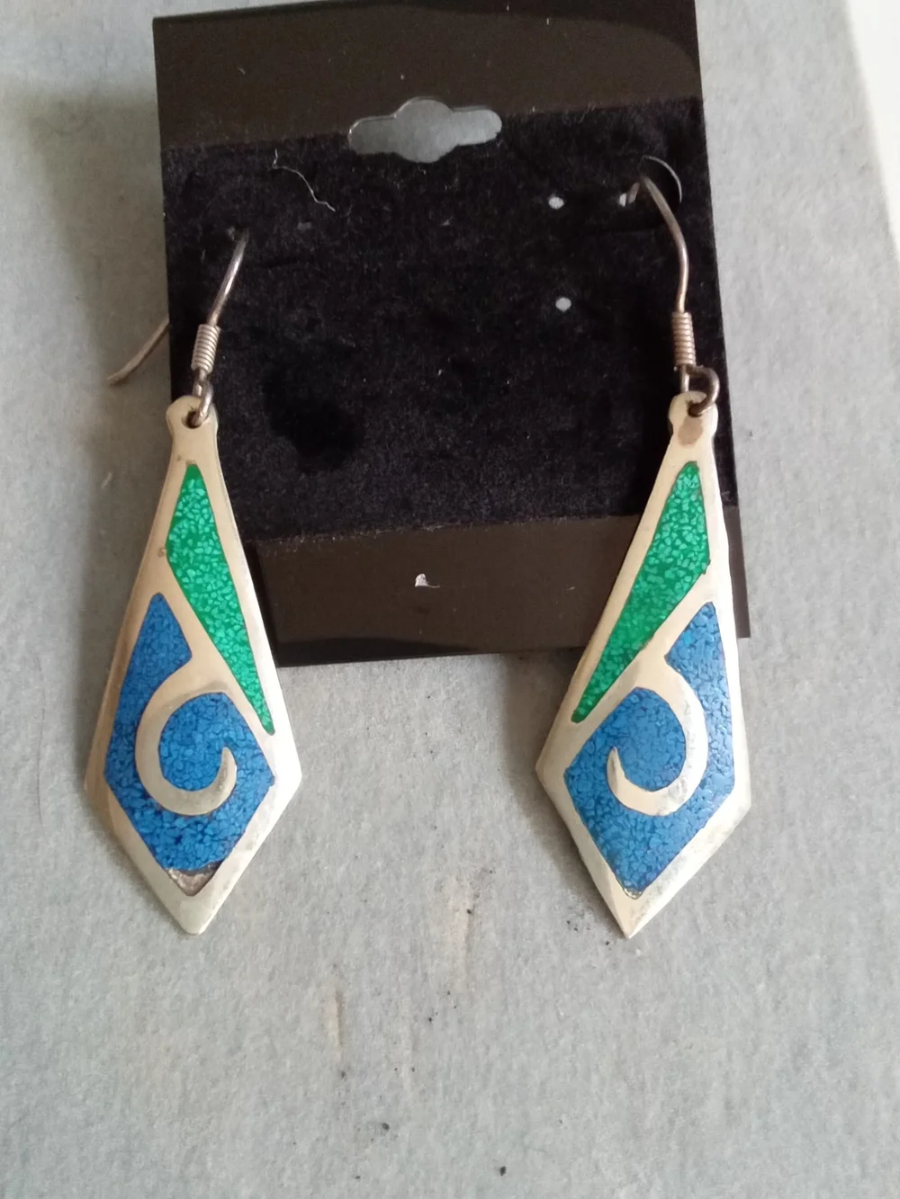 Vintage Mexican Silver Inlay Drop Earring Blue Green Geometric Dangle Taxco Styl